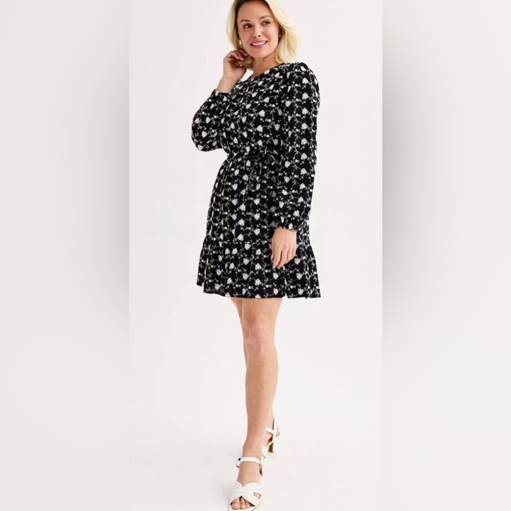 Draper James Women's medium Black and White Embroidered Long Sleeve Dress - Picture 2 of 14